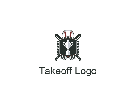 baseball logo with a ball and crossed bats behind a shield featuring a trophy