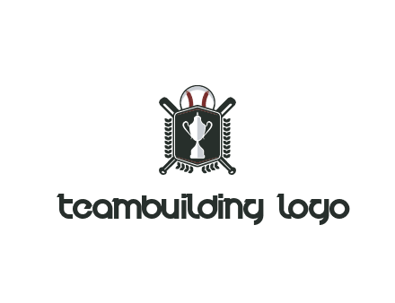 baseball logo with a ball and crossed bats behind a shield featuring a trophy