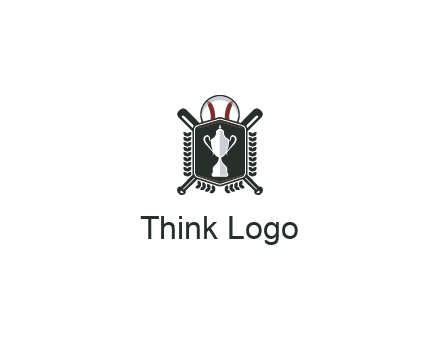 baseball logo with a ball and crossed bats behind a shield featuring a trophy