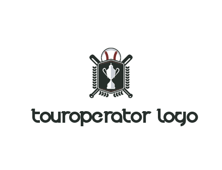 baseball logo with a ball and crossed bats behind a shield featuring a trophy