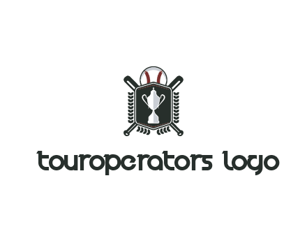 baseball logo with a ball and crossed bats behind a shield featuring a trophy
