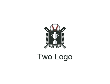 baseball logo with a ball and crossed bats behind a shield featuring a trophy
