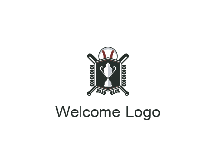 baseball logo with a ball and crossed bats behind a shield featuring a trophy