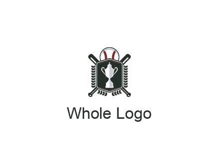 baseball logo with a ball and crossed bats behind a shield featuring a trophy