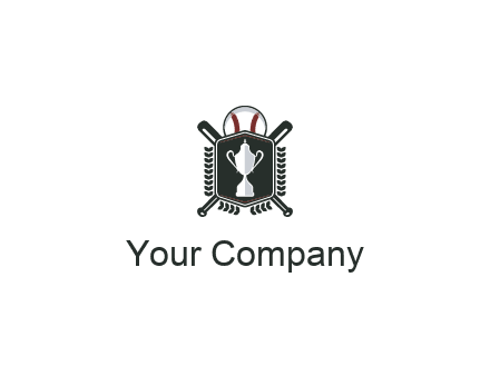 baseball logo with a ball and crossed bats behind a shield featuring a trophy