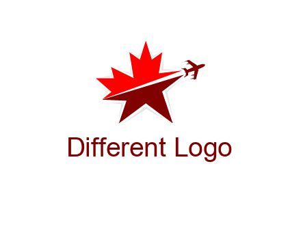 Canada airline or hospitaliity logo with an airplane flying through a maple leaf
