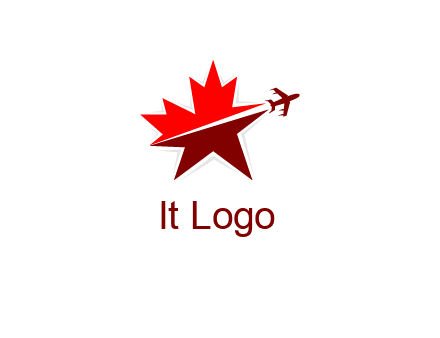 Canada airline or hospitaliity logo with an airplane flying through a maple leaf