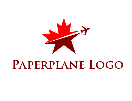 Canada airline or hospitaliity logo with an airplane flying through a maple leaf