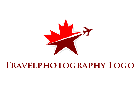 Canada airline or hospitaliity logo with an airplane flying through a maple leaf