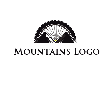 sun's rays forming a wheel behind mountains for a mountain biking logo