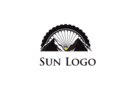 sun's rays forming a wheel behind mountains for a mountain biking logo