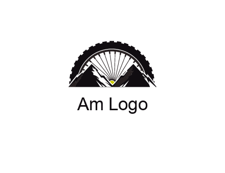 sun's rays forming a wheel behind mountains for a mountain biking logo