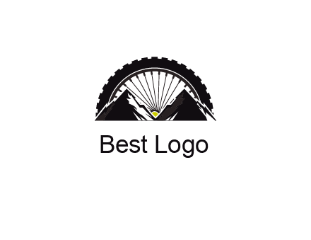 sun's rays forming a wheel behind mountains for a mountain biking logo