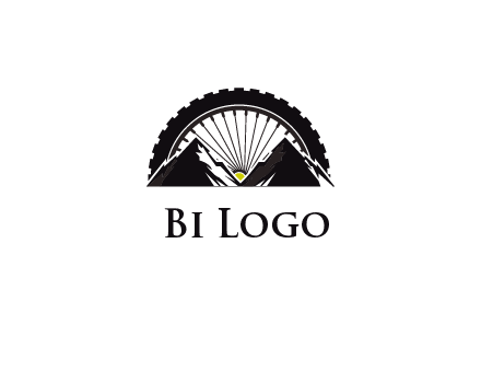 sun's rays forming a wheel behind mountains for a mountain biking logo