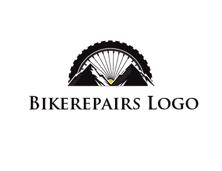 sun's rays forming a wheel behind mountains for a mountain biking logo