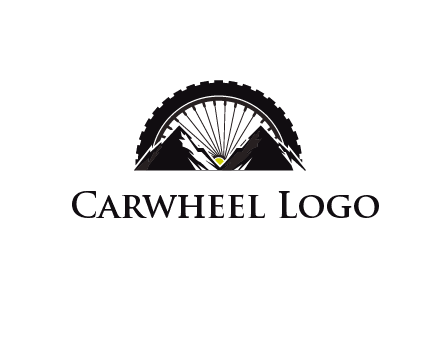 sun's rays forming a wheel behind mountains for a mountain biking logo