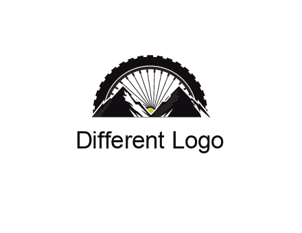 sun's rays forming a wheel behind mountains for a mountain biking logo