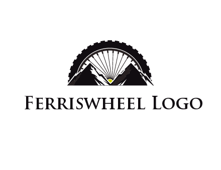 sun's rays forming a wheel behind mountains for a mountain biking logo