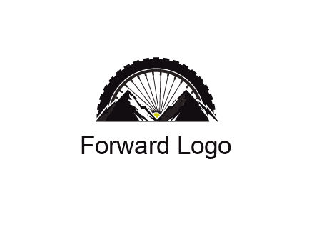 sun's rays forming a wheel behind mountains for a mountain biking logo