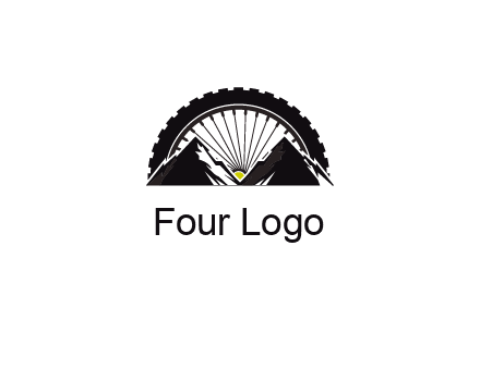 sun's rays forming a wheel behind mountains for a mountain biking logo
