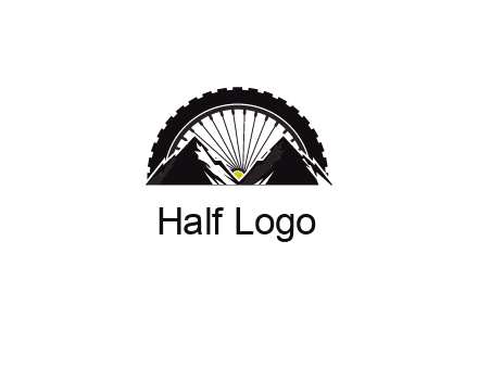 sun's rays forming a wheel behind mountains for a mountain biking logo