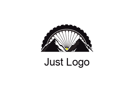 sun's rays forming a wheel behind mountains for a mountain biking logo