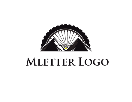 sun's rays forming a wheel behind mountains for a mountain biking logo