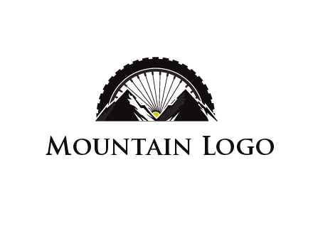 sun's rays forming a wheel behind mountains for a mountain biking logo