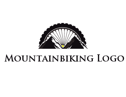 sun's rays forming a wheel behind mountains for a mountain biking logo