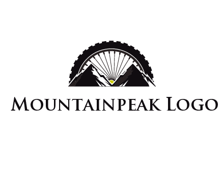 sun's rays forming a wheel behind mountains for a mountain biking logo