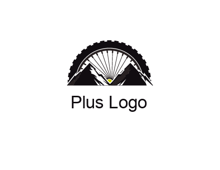 sun's rays forming a wheel behind mountains for a mountain biking logo