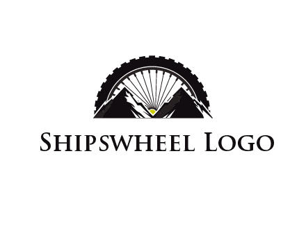 sun's rays forming a wheel behind mountains for a mountain biking logo