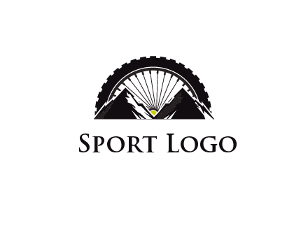 sun's rays forming a wheel behind mountains for a mountain biking logo