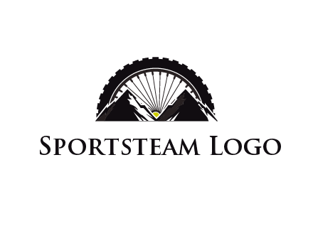 sun's rays forming a wheel behind mountains for a mountain biking logo