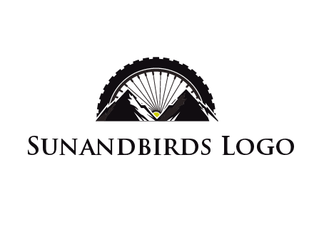 sun's rays forming a wheel behind mountains for a mountain biking logo