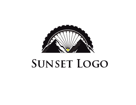 sun's rays forming a wheel behind mountains for a mountain biking logo