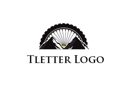 sun's rays forming a wheel behind mountains for a mountain biking logo