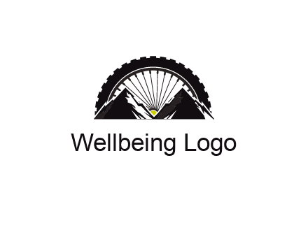 sun's rays forming a wheel behind mountains for a mountain biking logo