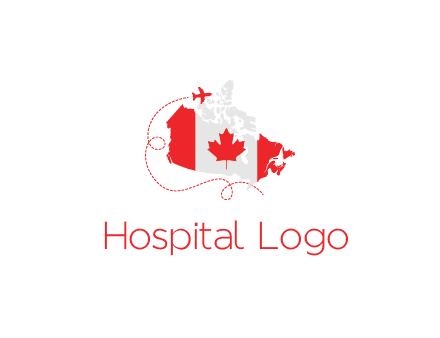 Canadian flag on the map with an airplane flying around it for a Canada tourism logo