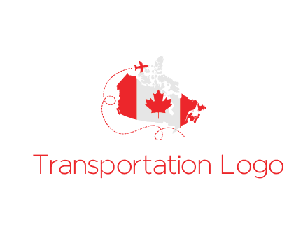 Canadian flag on the map with an airplane flying around it for a Canada tourism logo
