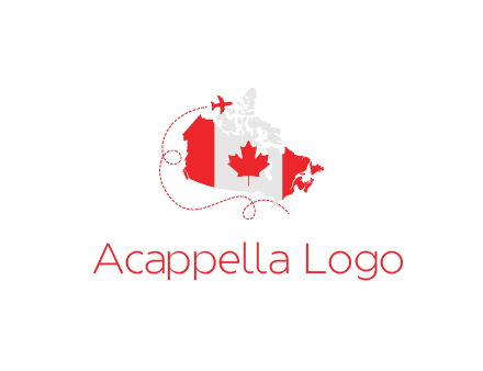 Canadian flag on the map with an airplane flying around it for a Canada tourism logo