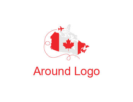 Canadian flag on the map with an airplane flying around it for a Canada tourism logo