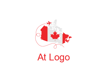 Canadian flag on the map with an airplane flying around it for a Canada tourism logo