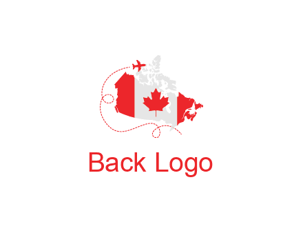 Canadian flag on the map with an airplane flying around it for a Canada tourism logo