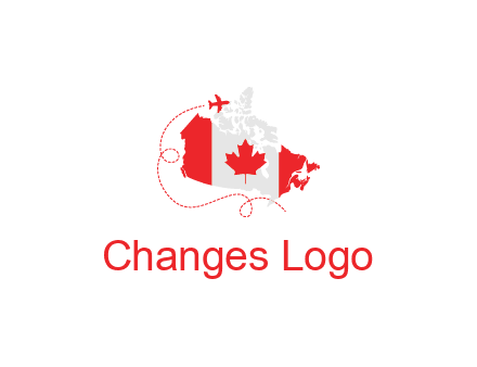 Canadian flag on the map with an airplane flying around it for a Canada tourism logo