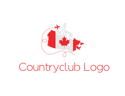 Canadian flag on the map with an airplane flying around it for a Canada tourism logo