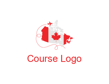 Canadian flag on the map with an airplane flying around it for a Canada tourism logo
