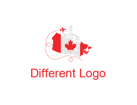 Canadian flag on the map with an airplane flying around it for a Canada tourism logo