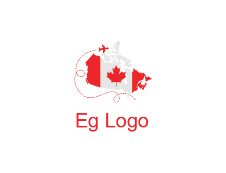 Canadian flag on the map with an airplane flying around it for a Canada tourism logo
