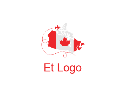 Canadian flag on the map with an airplane flying around it for a Canada tourism logo